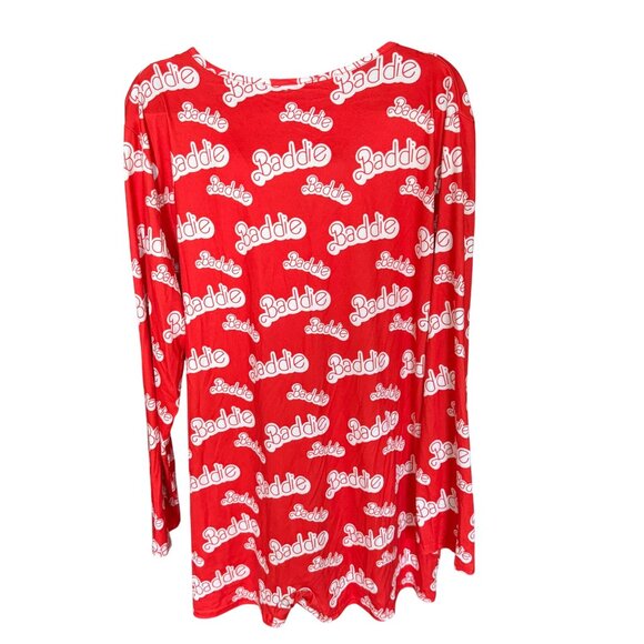 Red "Baddie" Print Button-Up Long Sleeve Romper Loungewear 95% Polyester & 5% Sp - Picture 2 of 5